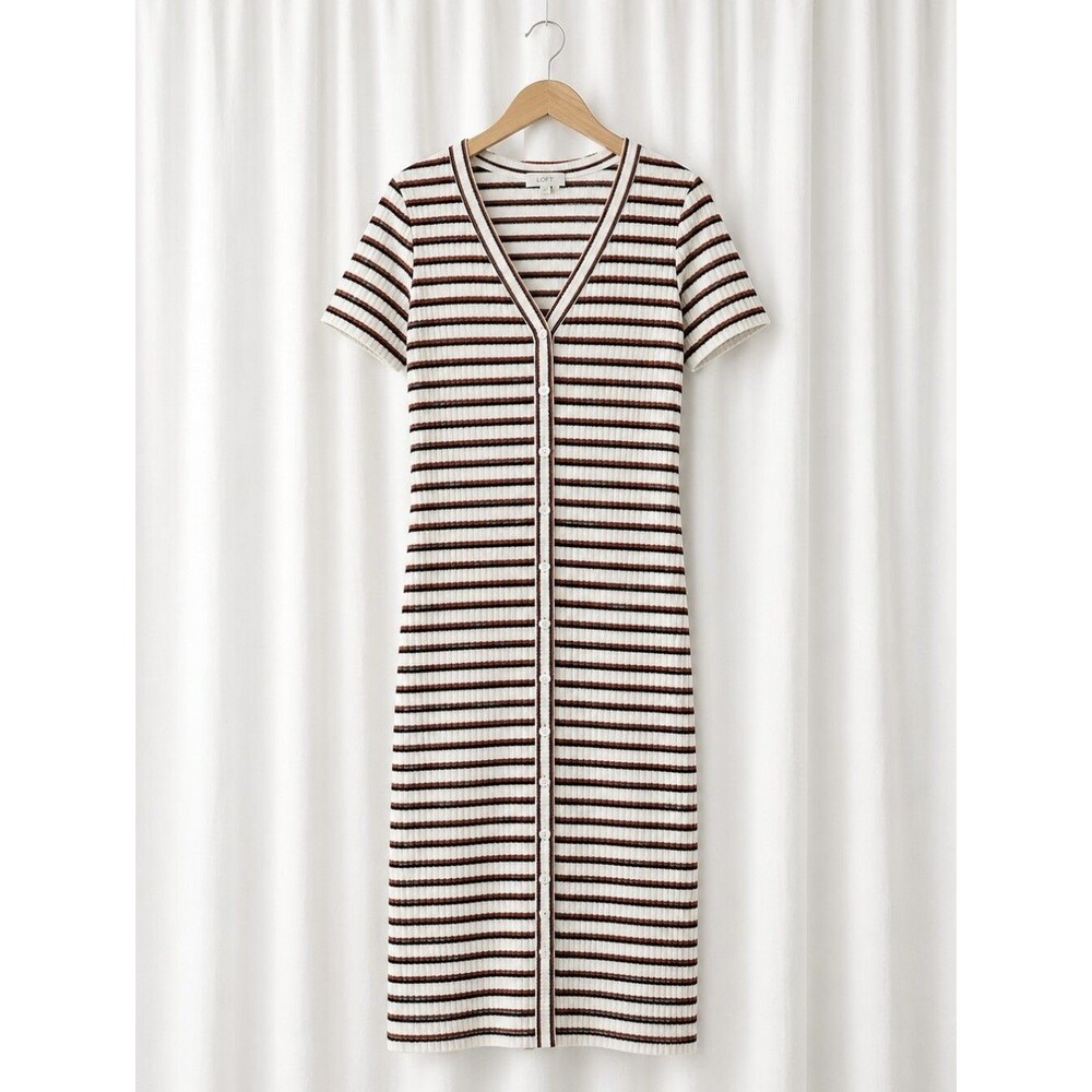 LOFT Casual Chic Button Front Ribbed Stripe Button Front Stretch Knit Midi Dress